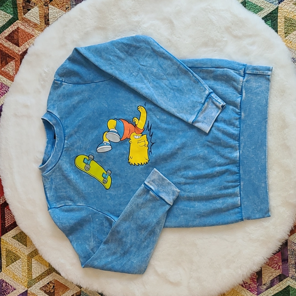 Simpsons Bart Skateboard Face Plant Blue Distressed Casual Crewneck Sweater